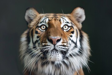 Fototapeta premium Close-up of a majestic tiger, featuring striking eyes and vibrant fur against a dark background.