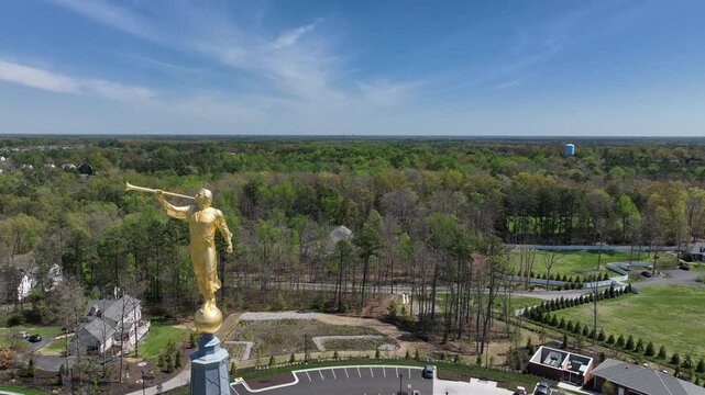 Aerial LDS Temple Richmond Virginia Angel Moroni steeple. The Church of Jesus Christ of Latter-day Saints, LDS, Mormon Church. Christian religion. Spiritual sacred church. Urban neighborhood