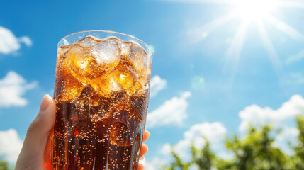 Refreshing drink held by person under bright sunlight, showcasing ice cubes and bubbles, perfect for hot day. vibrant blue sky enhances cheerful mood
