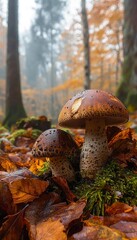 A captivating scene featuring two mushrooms nestled among vibrant autumn leaves in a misty forest, showcasing the beauty of nature during the fall season with enchanting colors.