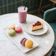 Colorful Macarons and Cheesecake 