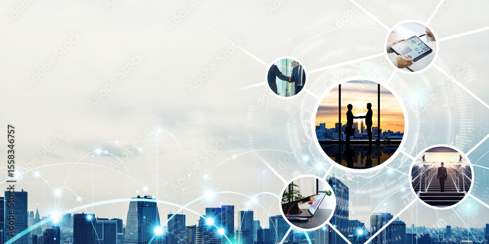 Poster collage of various business network images. wide angle visual for banners or advertisements.