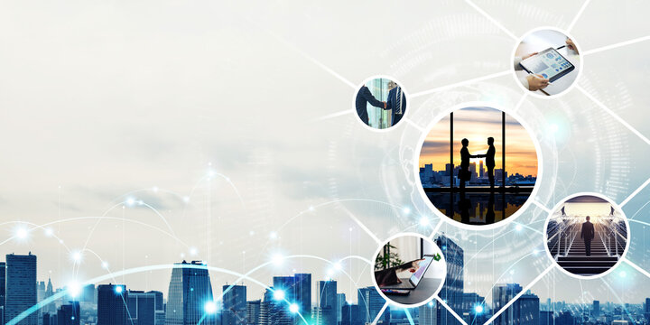 Collage of various business network images. Wide angle visual for banners or advertisements. - Powered by Adobe