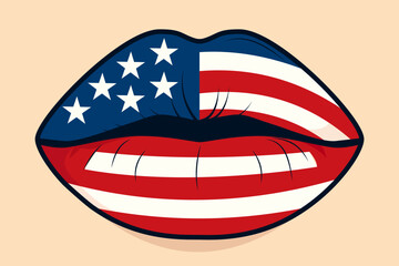 Women's lips with lipstick in the shape of the USA flag