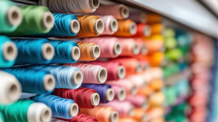 Spools of thread in vibrant colors arranged neatly create visually appealing display. variety of hues showcases beauty of textile materials, perfect for crafting and sewing projects