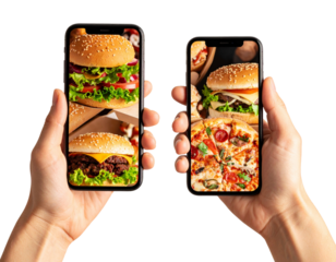 Close-up of Hands Holding Smartphone Showing Food Delivery App Interface, isolated on transparent background PNG