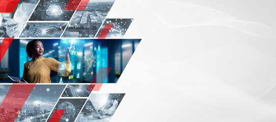 A collage of various technology images. Wide angle visual for banners or advertisements.