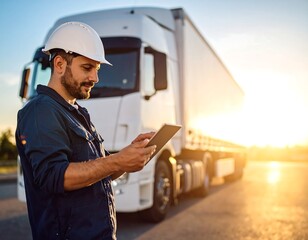 Worker using tablet near truck (1)