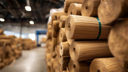 Stack of fabric bolts wrapped and ready for shipment, showcasing well organized warehouse environment. scene conveys sense of efficiency and preparation for delivery