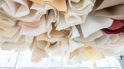 Soft cotton materials various shades of beige, cream, and white are stacked and suspended from ceiling, creating visually appealing and textured display. arrangement evokes sense of creativity