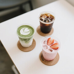 Top View of Matcha, Strawberry, and Americano Iced Drinks