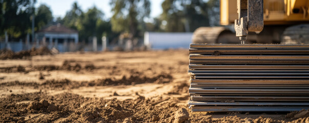 Stack of steel sheet piles positioned on construction site, showcasing heavy machinery in background. scene conveys sense of industrial activity and preparation for building projects