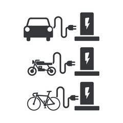 Bundle isolated pictogram sign charging station for EV car, electric vehicle, motor, bike parking sign 