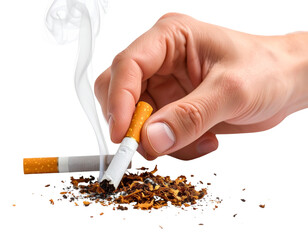  Hand crushing cigarette with smoke fading out on white background