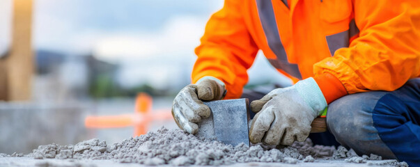 Construction worker in bright orange safety gear performing maintenance on construction site, using trowel to shape concrete. scene conveys diligence and focus in professional environment