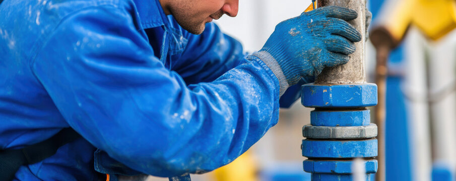 Technician performing maintenance on industrial equipment, wearing blue coveralls and gloves, focused on task at hand. environment is workshop with tools and machinery visible