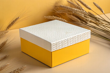 Elegant modern yellow gift box with textured white lid and wheat decor on warm beige background