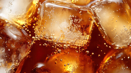 Top down view of glass filled with dark, carbonated beverage, showcasing ice cubes and bubbles rising to surface, creating refreshing and inviting appearance