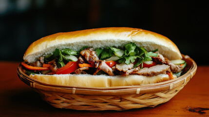 Delicious unwrapped sandwich filled with grilled meat, fresh vegetables, and herbs, served in soft bread roll, showcasing vibrant colors and textures, perfect for satisfying meal