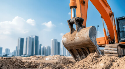 Excavator bucket digging into sandy soil at urban construction site, showcasing machinery against backdrop of modern skyscrapers. scene conveys progress and development