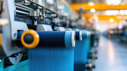 Modern textile factory floor features advanced machinery with spools of blue thread, showcasing intricate process of fabric production. atmosphere is vibrant and industrious