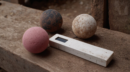 Close up view of three petanque balls resting on wooden surface, showcasing their distinct colors and textures. measuring tool lies beside them, emphasizing precision involved in game