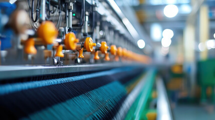 Modern textile factory floor features advanced machinery with vibrant threads in various colors, showcasing intricate process of textile production and automation