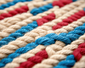 Intricate woven fibers showcase vibrant pattern of blue, red, and natural tones, highlighting craftsmanship and texture of material. close up view reveals detailed thread arrangement