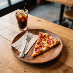 Slice of Pepperoni Pizza and Iced Soda on Cafe Table