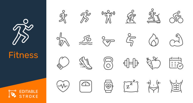 Fitness thin line icon collection for workout, exercise and healthy lifestyle concept. Editable stroke. Pixel perfect.