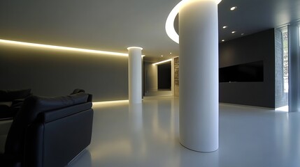 Modern interior design featuring sleek, minimalist furniture, curved lighting, and white cylindrical columns against dark gray walls.  The glossy floor reflects the ambient lighting