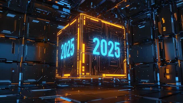 Illuminated cube displaying the year two thousand and twenty five in a futuristic environment. Digital cube shows 2025 in tech room. Futuristic cube with glowing lights.