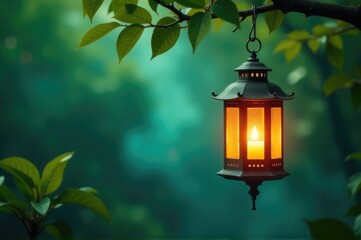A lantern hangs from a tree in a peaceful forest setting, perfect for use as a background or mood setter