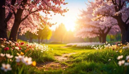 Breathtaking sunrise walk through cherry blossom trees in nature park serene landscape vibrant spring view