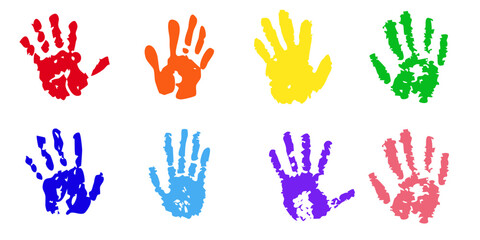 Hand rainbow print, color paint stain, handprint set. Happy childhood artistic kids stamp collection. Abstract handprint, vibrant paint splashes. Creative symbols children art
