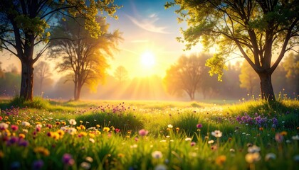 Sunrise action over flowering meadow serene nature scene vibrant colors peaceful environment panoramic view tranquility concept