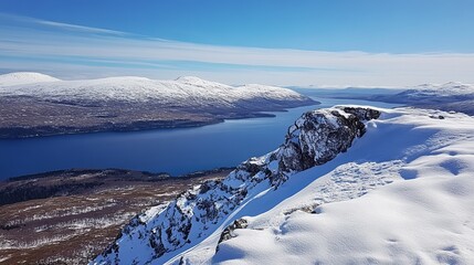 Panoramic view of a snow-covered mountain peak overlooking a serene, deep blue fjord and distant, snow-capped mountains under a clear blue sky
