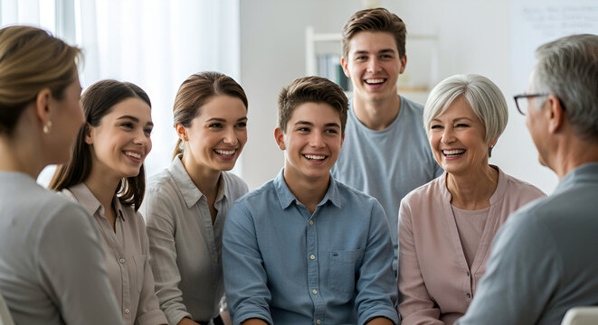 Diverse group of people laughing and talking in a circle - Powered by Adobe