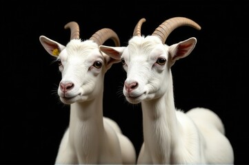 Fototapeta premium Two friendly goats standing together on a dark background, great for use in designs about friendship or rural life