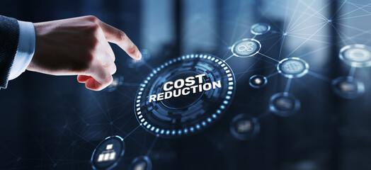 Cost reduction business finance concept. Businessman clicks virtual screen