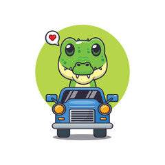 Cute crocodile mascot cartoon character illustration ride on car