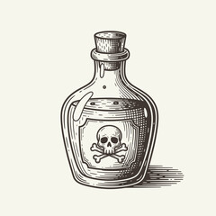 Vintage poison bottle with a skull and crossbones label, representing danger, toxic substances, and old-world apothecary aesthetics. Vector Illustration