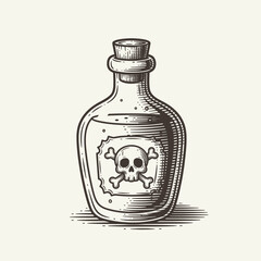 Antique poison bottle with a skull and crossbones label, evoking themes of danger, mystery, and vintage medical or alchemical practices. Vector Illustration