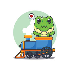 Cute crocodile mascot cartoon character illustration ride on train