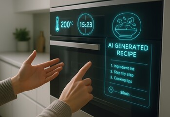 Futuristic Smart Oven Displaying AI Recipe with Holographic Interface in Modern Kitchen