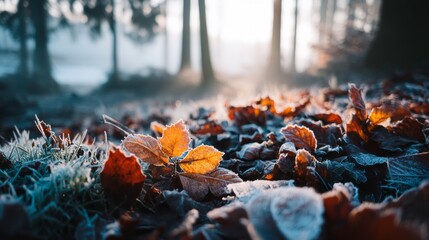 A leaf is on the ground with frost on it
