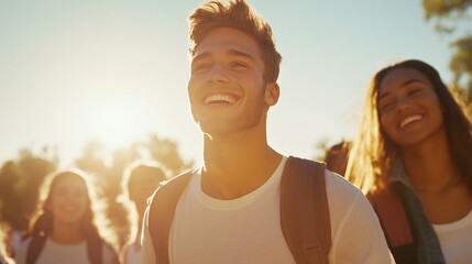 Young people enjoying a sunny day outdoors while walking together at a park during golden hour