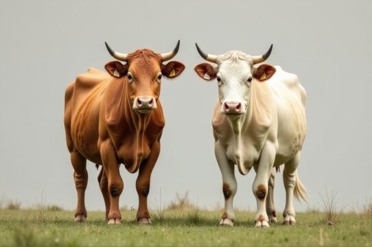 Two cows grazing in a lush green meadow, with a sunny sky above