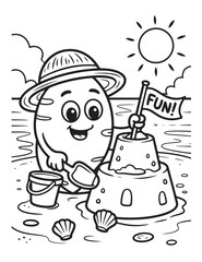 Cartoon character building sandcastle on beach coloring page