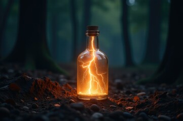 A close-up shot of a glass bottle containing a lightning bolt